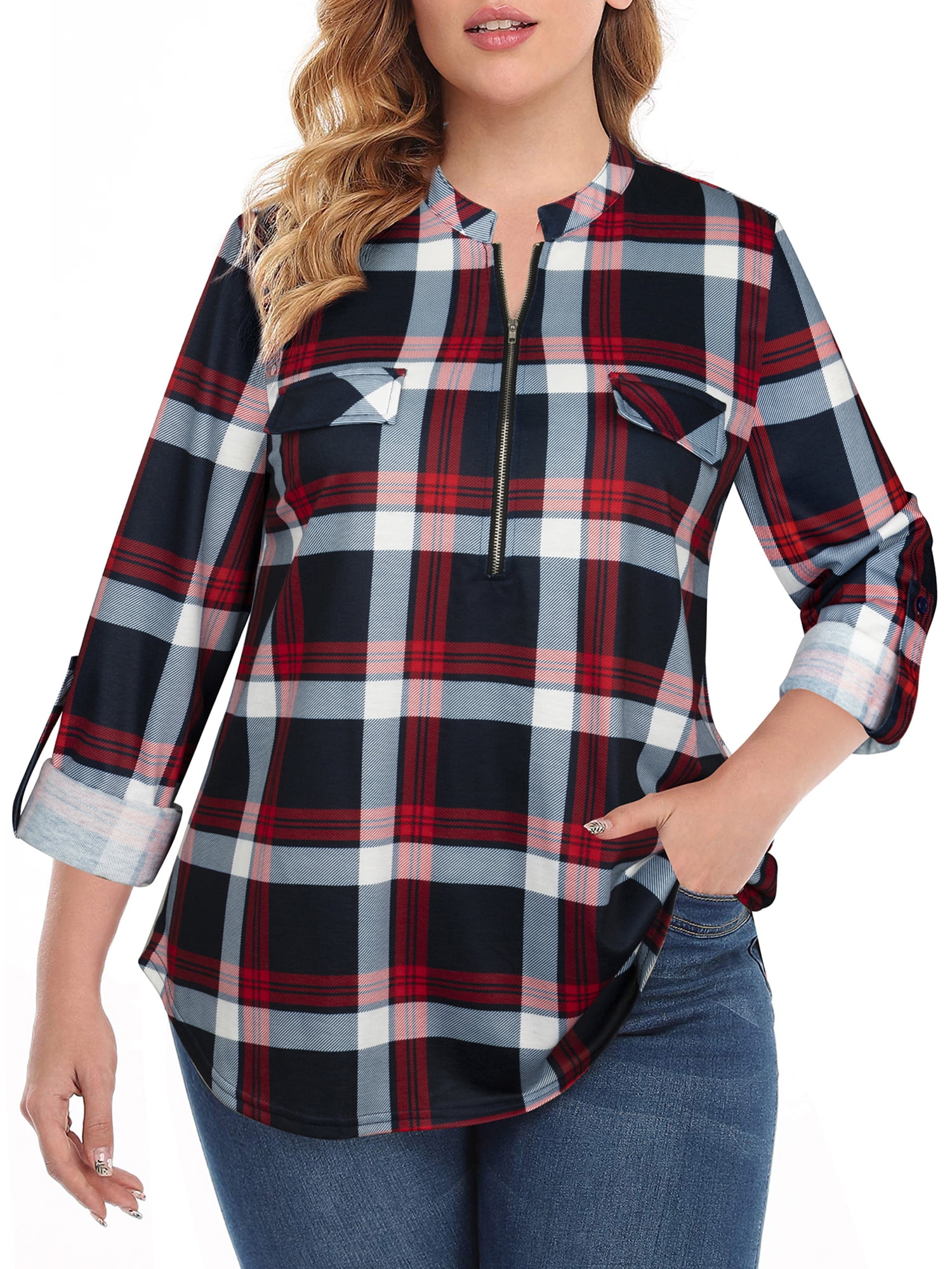 Bulotus Womens Zip Front V-Neck Short Sleeve Work Casual Top Blouse Shirt Solid and Plaid 