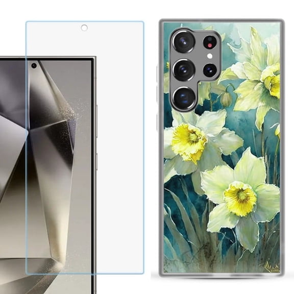 OneToughShield ® Compatible with Samsung Galaxy S24 Ultra, Shockproof Phone Case, with Tempered Glass Screen Protector - Daffodils