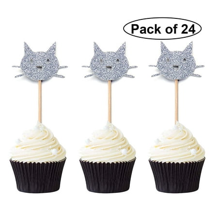 24 PCS Silver Kitty Cat Cupcake Toppers Glitter Cat Cupcake Picks for ...