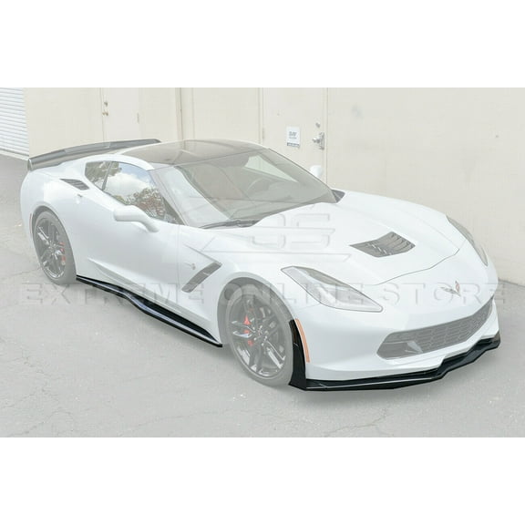 For 2014-2019 Chevrolet Corvette C7 | Z06 Stage 3 Front Bumper Lip Splitter With Side Extension Winglets & Side Skirts Panel Pair (ABS Plastic - Painted Carbon Flash Metallic) 
