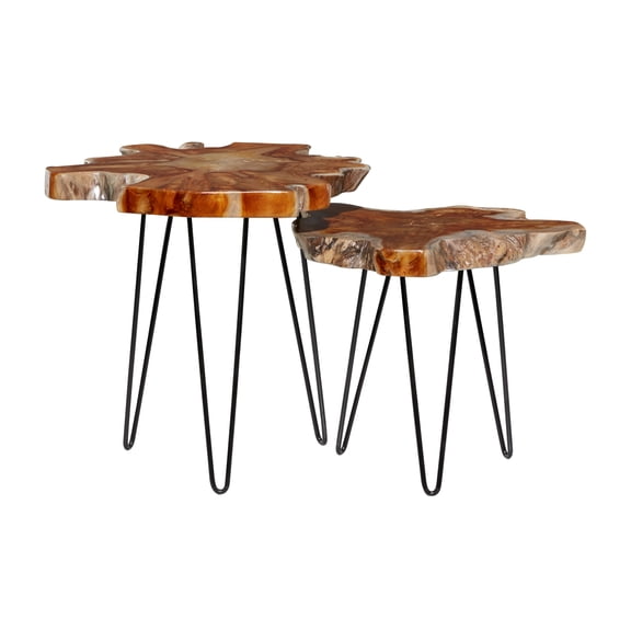DecMode 20" x 21" Brown Teak Wood Live Edge Top Accent Table with Black Metal Hairpin Legs, 2-Pieces