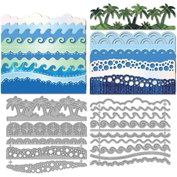 Sea Wave Edge Die Cuts for Card Making Coconut Tree Border Embossing Metal Cutting Dies Seaside Bubbles Paper Craft Die Cuts Stencils for Scrapbooking Craft Paper Birthday Card Gift Decor Gray