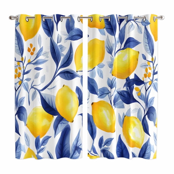 Summer Lemon Kitchen Curtains 84 Inch Length, Watercolor Yellow Blue Garden Floral Grommet Top Bedroom Living Room Curtains, Light Filtering Cafe Curtain Drapes 2 Panels Set 104''x84''