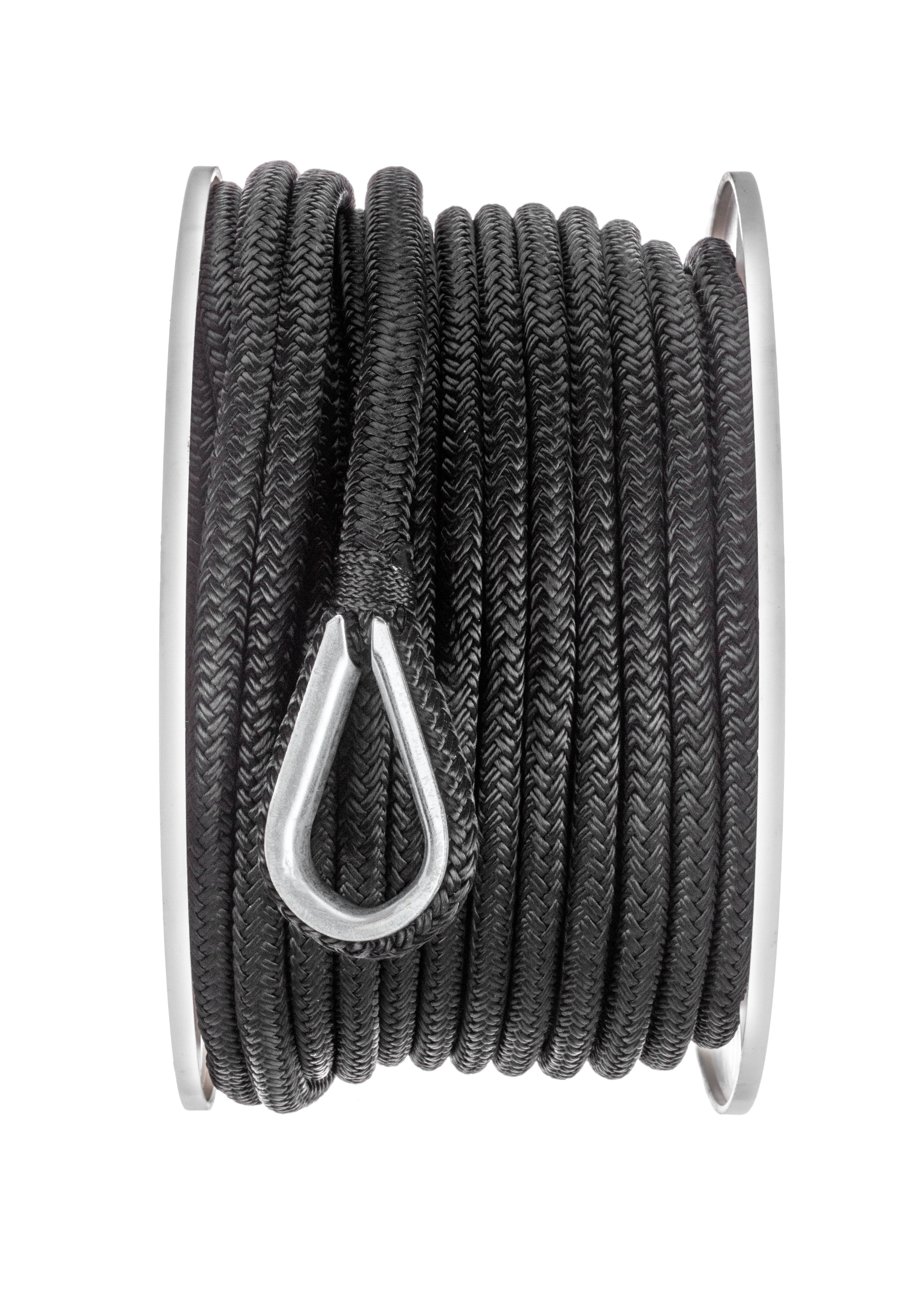 DasMarine 50 ft Anchor Line,Double Braided Nylon Anchor Rope with Stainless Steel Thimble and Marine Grade Snap Hook,Black Anchor Rope Braided Anchor Line 3/8 Diameter