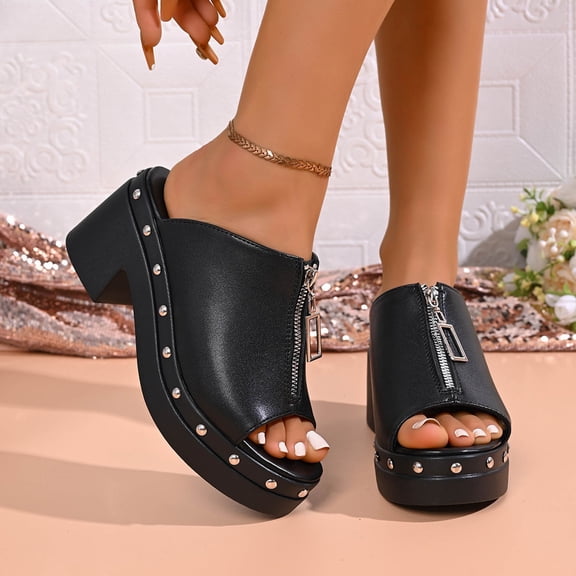 BRGZLK Women's Versatile Chunky Heel Sandals Plus Size Height Increasing Shoes Spring Summer Trendy Comfort Round Toe Buckle High Heel Sandals Black A 7