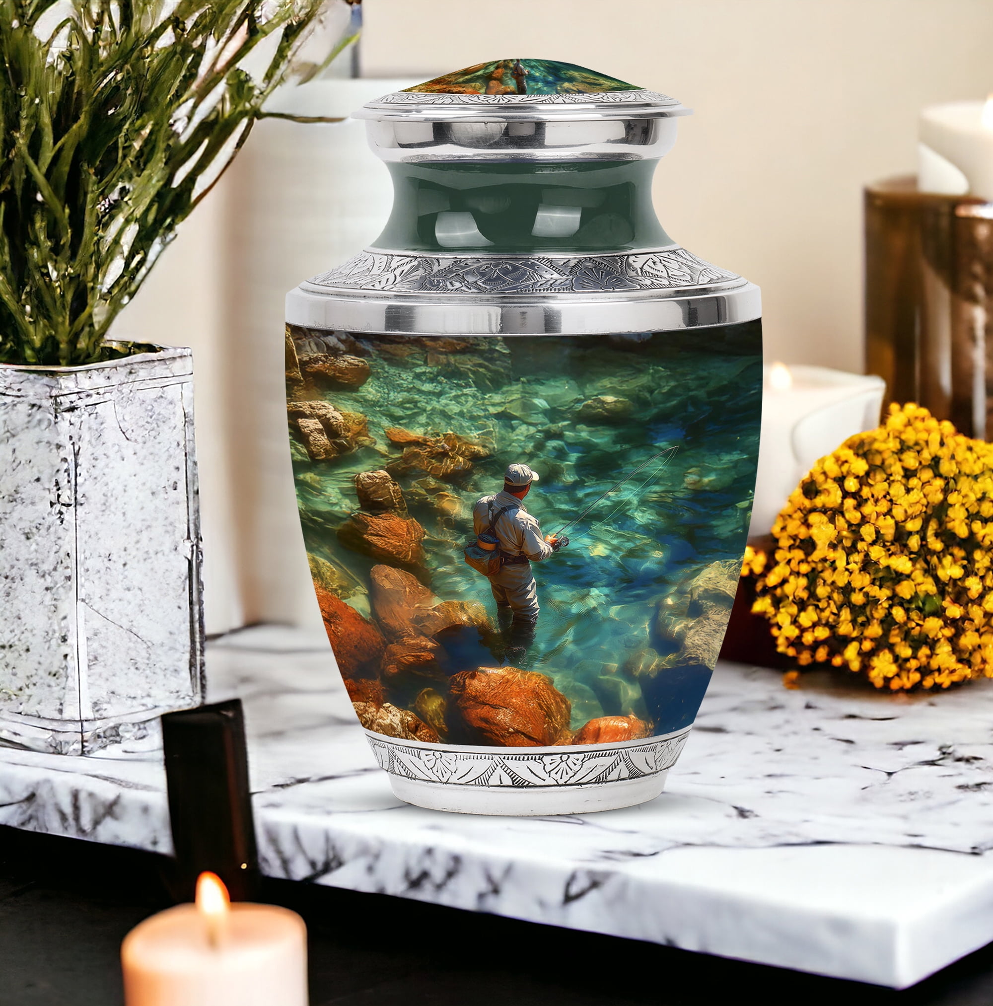 YATHABI Fishing Cremation Urn - Large Urns For Human Ashes Adult Male - Small Keepsake Urn For Adult Female - Little Urn For Ashes For Women - Memorial Ash Holder - 10 Inch And 3 Inch