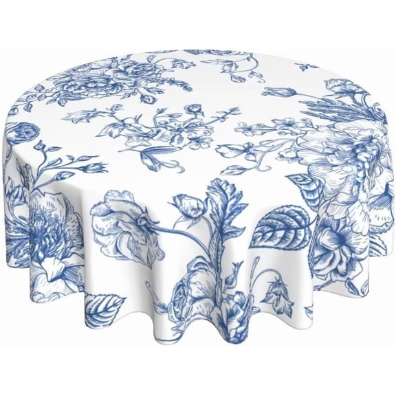 Blue Floral Tablecloth 70 x 70 Inch Round Chinoiserie Flowers Decorative Table Cloth Rustic Fabric Farmhouse Washable Table Cover for Picnic Party Holiday Home Indoor Outdoor