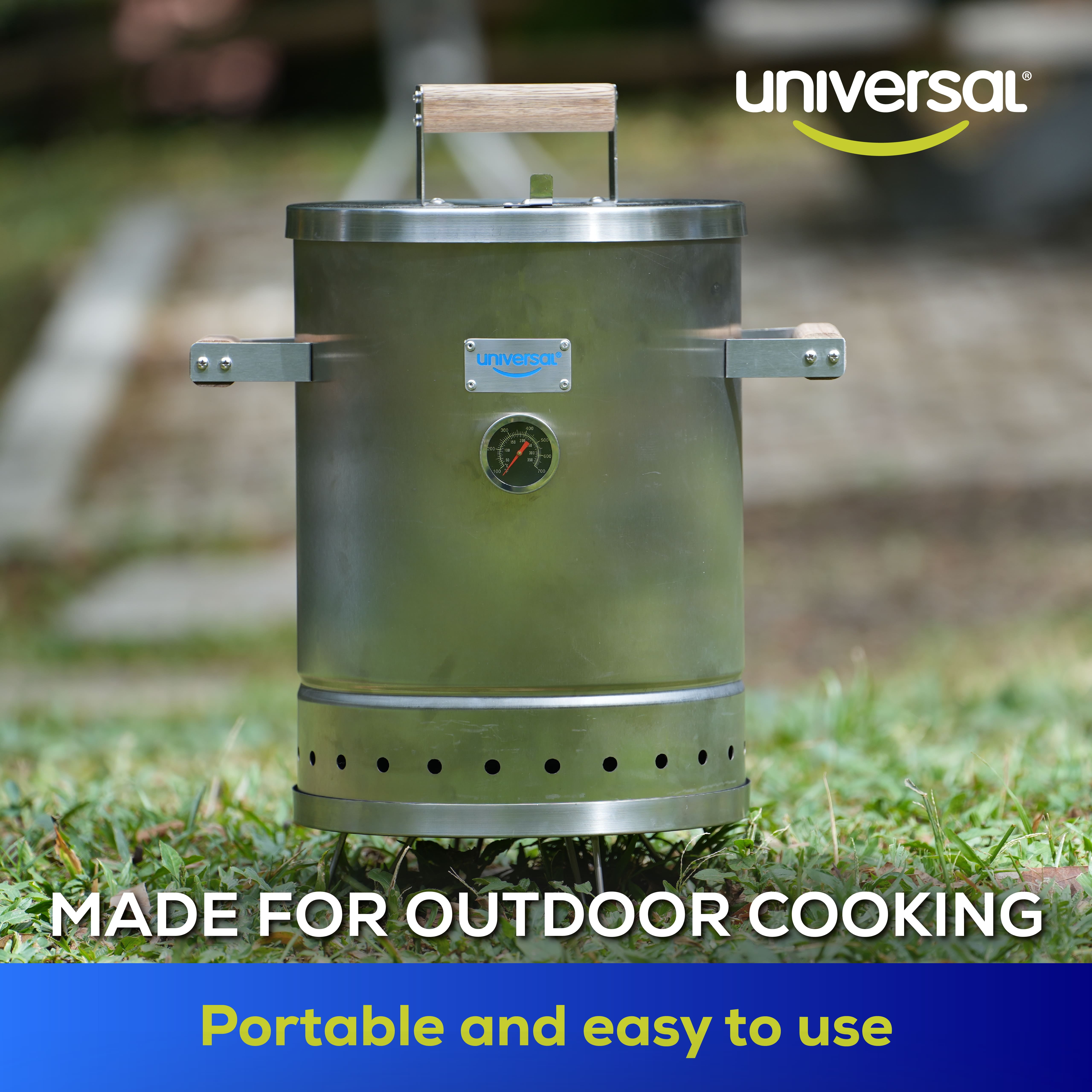 Universal (6-pound - Small) Stainless Steel Charcoal Barrel Smoker with Thermometer & Airlock system, 2 in 1 Vertical Smoker - Grill and Smoker, 6-servings