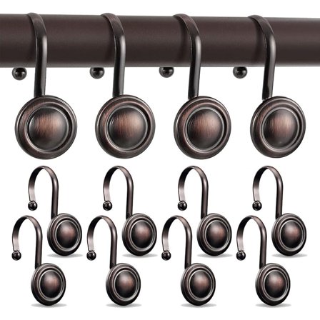 12 Pcs Shower Curtain Hooks, Rust Proof Matte Shower Rod Hooks Sets, Vintage Round Decorative Metal Drapery Bar Hangers for Bathroom, Restroom, Kitchen (Brown)