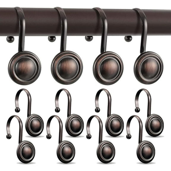 12 Pcs Shower Curtain Hooks, Rust Proof Matte Shower Rod Hooks Sets, Vintage Round Decorative Metal Drapery Bar Hangers for Bathroom, Restroom, Kitchen (Brown)