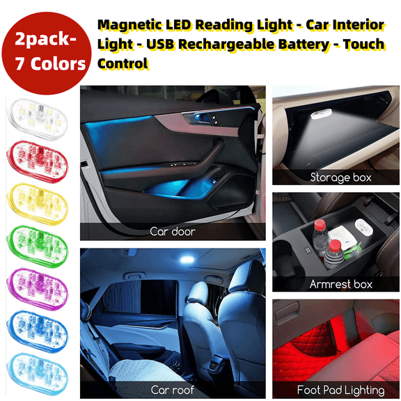 Interior Car Lights - 2 Pcs Magnetic LED Reading Light with USB Rechargeable Battery,7 Colors,Touch Control,and Atmosphere Lamp Decoration