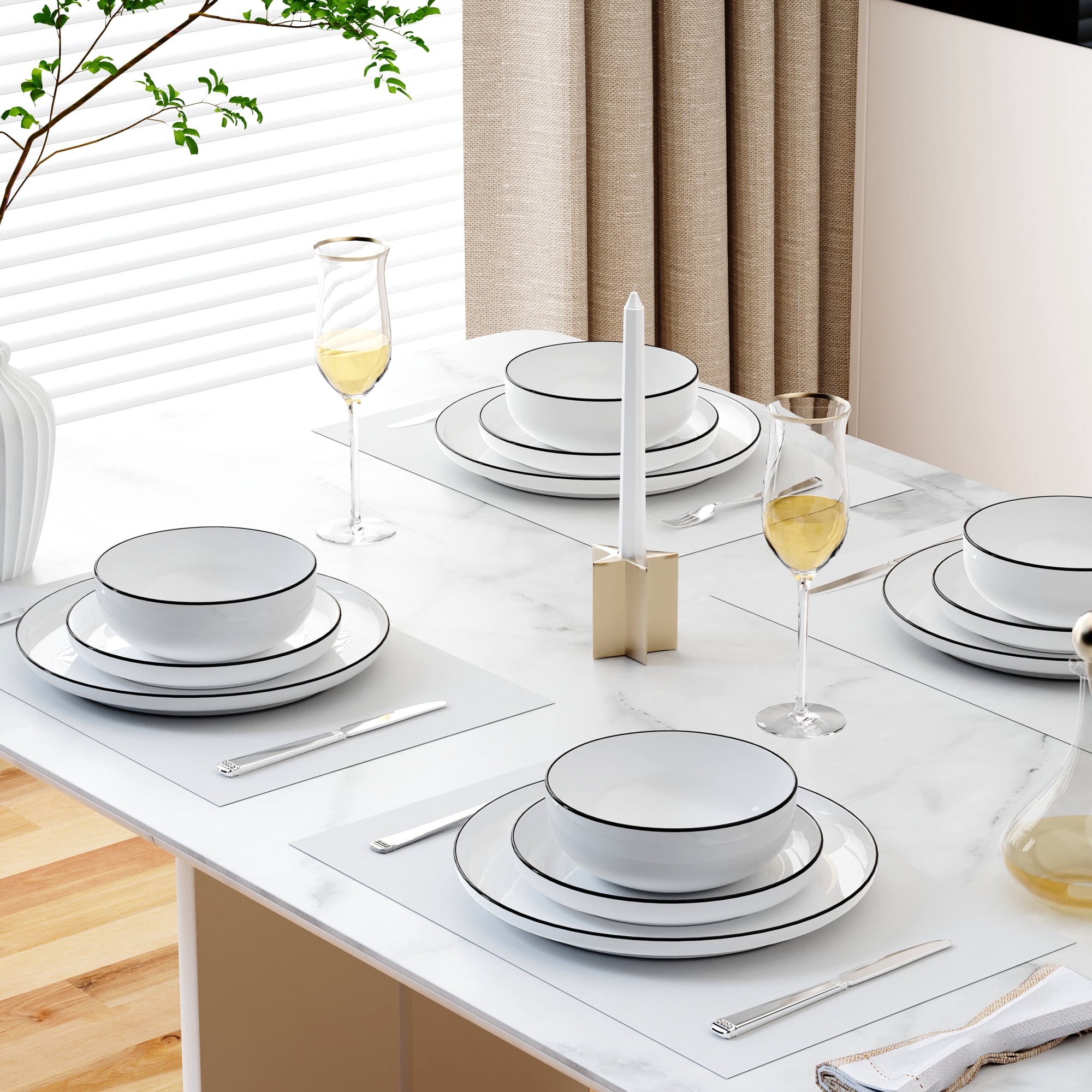 Ollieroo Kitchen Plates and Bowls Sets, 12 Pieces Porcelain Dinnerware Set for 4, Handmade Ceramic Dish Set wtih Black Rim, Ceramic Dishware Dishes Microwave and Dishwasher Safe