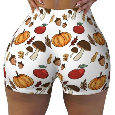 Workout Shorts Women  Maple leaf nut Mushroom Biker Shorts for Women Running Gym Spandex Shorts Tummy Control