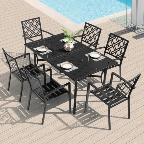Nuu Garden 7-Piece Metal Patio Dining Set, 61'' x 37'' Rectangle Patio Dining Table with Umbrella Hole and 6 Stackable Patio Dining Chairs, Powder-Coated Outdoor Dining Set, Black