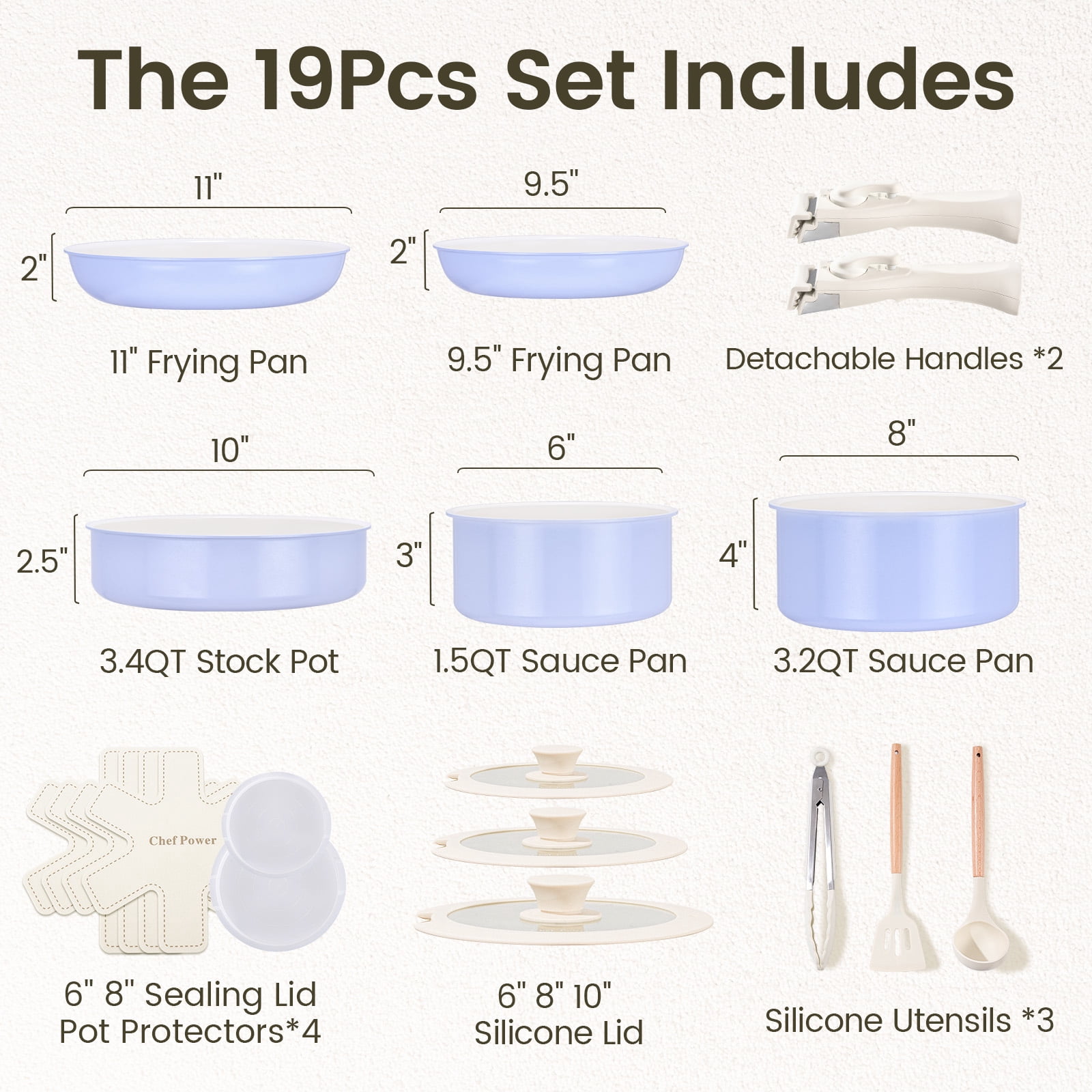 Chef Power 19pcs Pots and Pans Set, Nonstick Cookware Set, Ceramic Pan, Detachable Handle, RV Cookware Set, Induction Pan, Dishwasher, Oven Safe, Light Purple