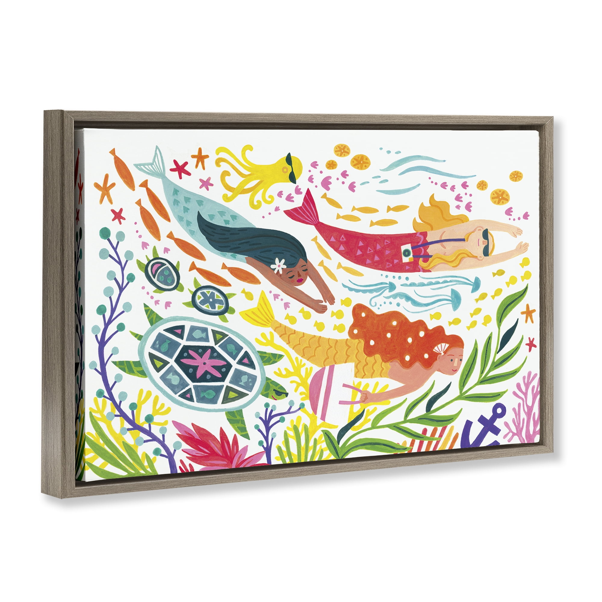 Stupell Industries Underwater Swimming Mermaids Fantasy & Sci-Fi Painting Brown Floater Framed Canvas Art Print Wall Art, 31 x 21