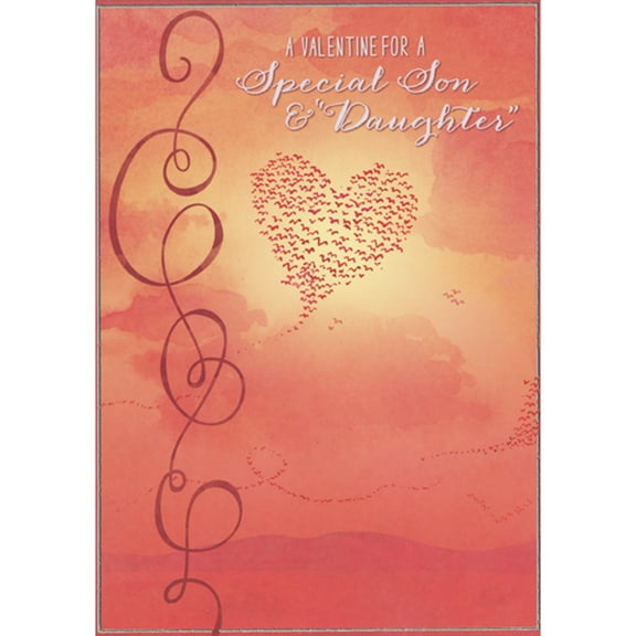 Designer Greetings Heart Shaped Flock of Birds Flying in Orange Sky Valentine's Day Card for Son and Daughter
