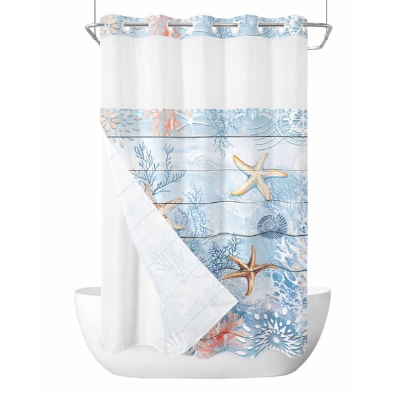 No Hook Cloth Fabric Shower Curtain with Snap in Liner, Blue Coastal Waterproof Shower Curtains Set with See Through Top Window, Starfish Coral Summer Beach Nautical Bath Curtains Shower 36"x78"