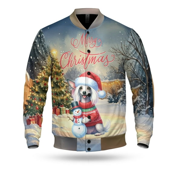 Merry Christmas Woofmas Xmas Noel Chinese Crested Santa Snowman All Over Print 3D Baseball Jacket Dog Lover Bomber Jacket Softball - 13016