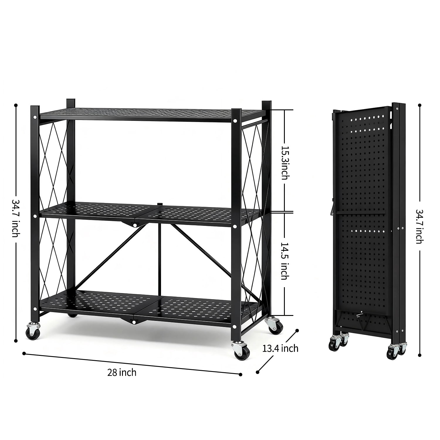 TAIMASI 3-Tier Foldable Metal Shelf with Wheels, Heavy-Duty Movable Wire Rack for Garage, Kitchen, Basement, Pantry Storage, 28''L x 13.4''W x 34.7''H-Black