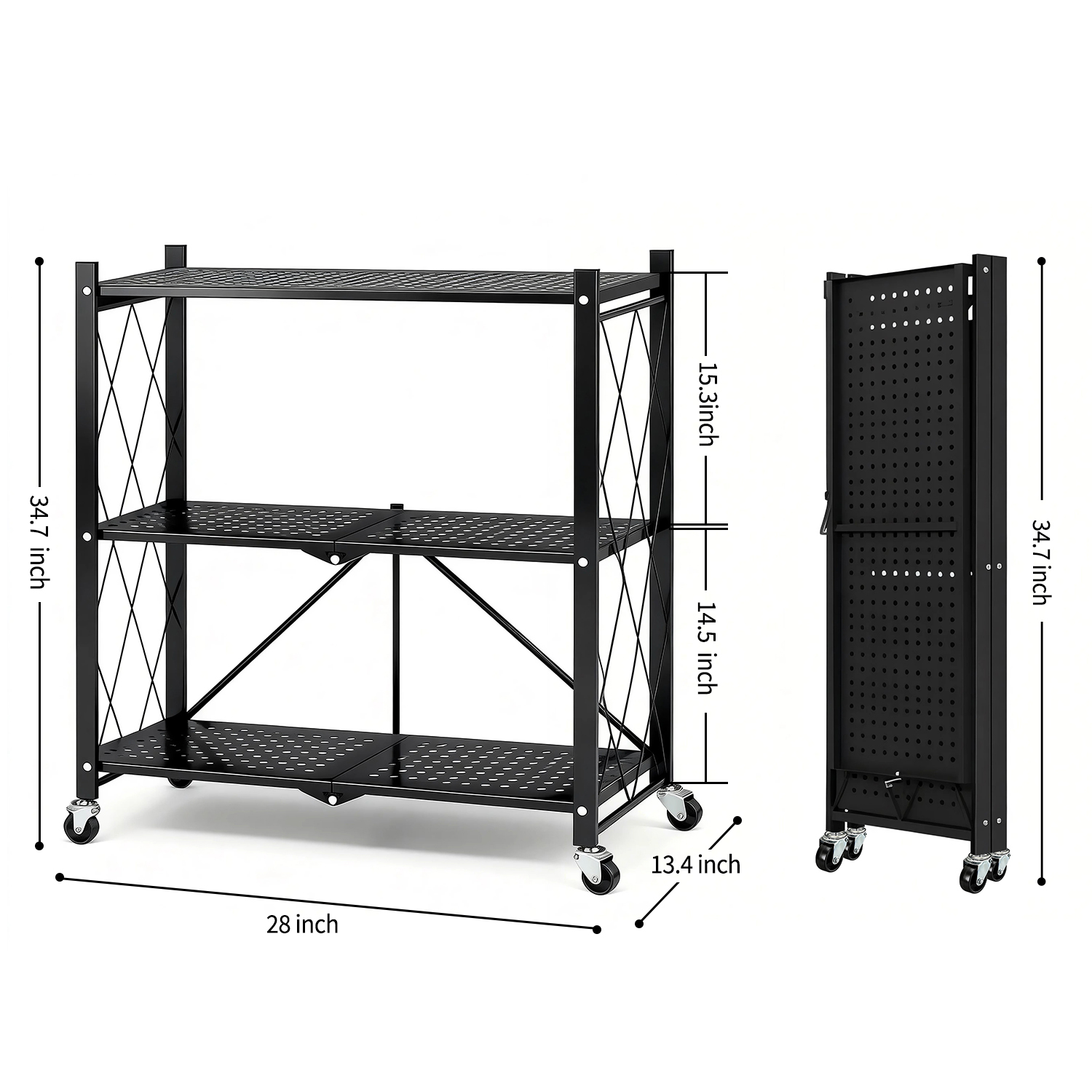TAIMASI 3-Tier Foldable Metal Shelf with Wheels, Black photo 2