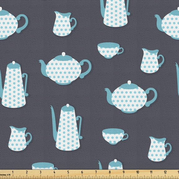 Ambesonne Tea Party Fabric by the Yard Upholstery, Teapot and Cups Dots, 1 Yard, Purple Grey Sky Blue