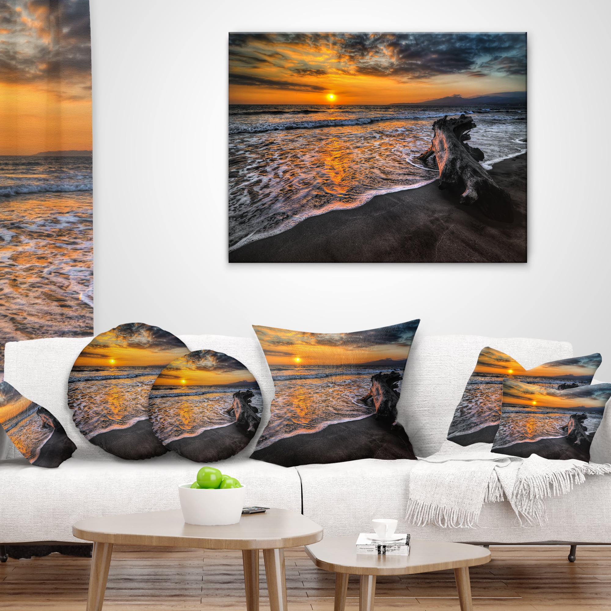 Designart Log on Beach During Sunset - Seashore Throw Pillow - 12x20