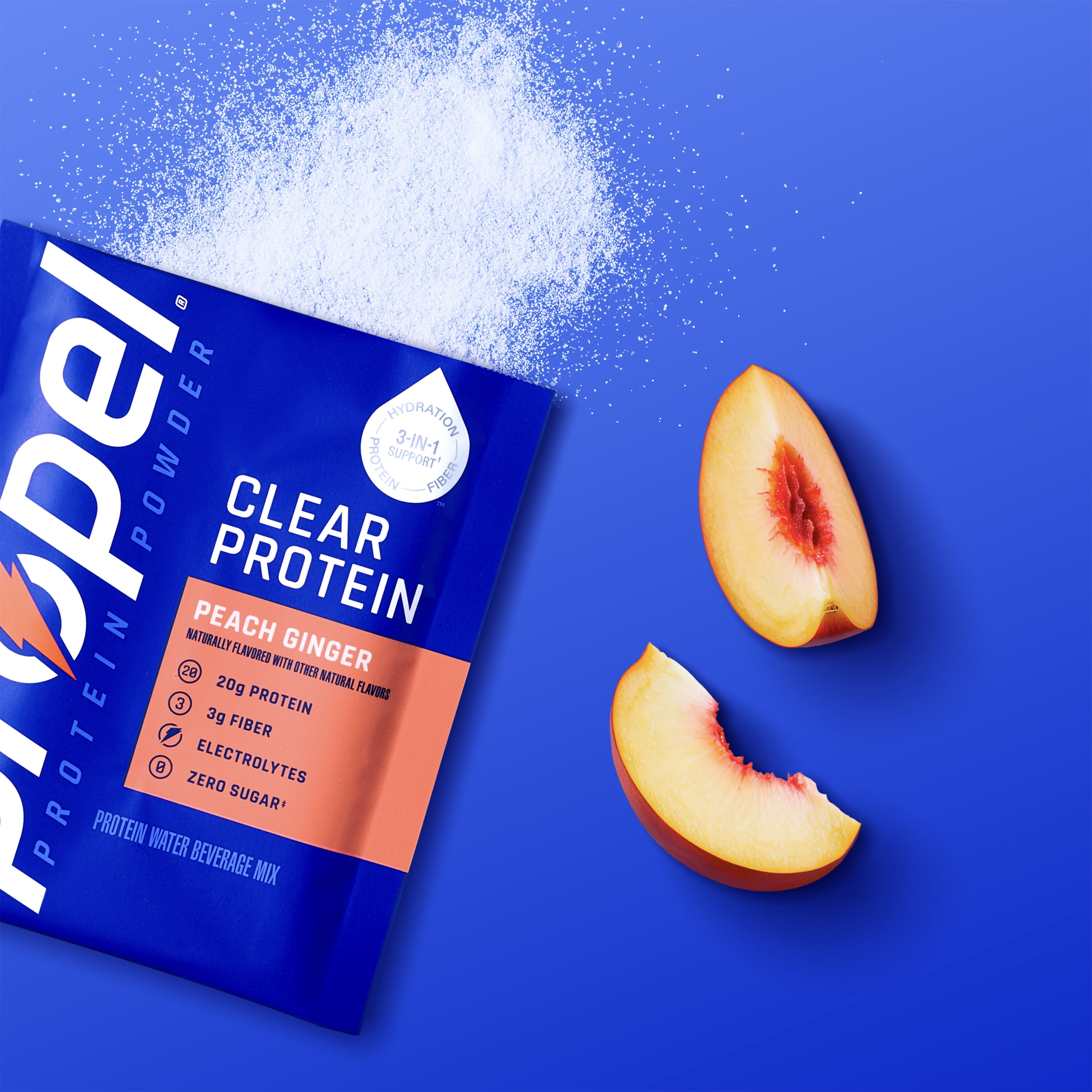 (4 pack) Propel Clear Protein Powder, Peach Ginger,(5 Servings), 3-in-1 GLP-1 Support: Hydration, 20g Protein, 3g Fiber, Zero Sugar, 90 Calories, No Added Colors, No Artificial Sweeteners or Flavors, 0.98 oz