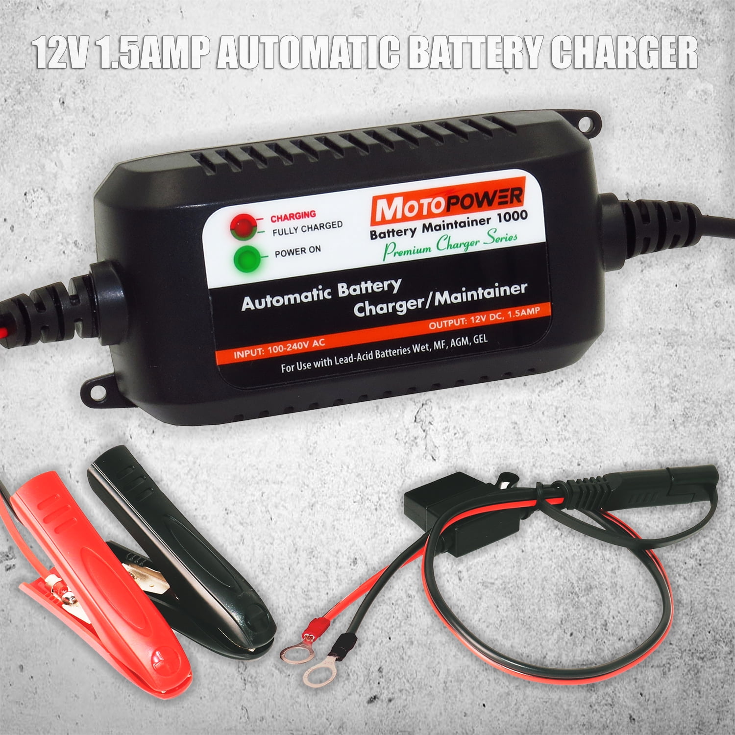 MOTOPOWER 12V 1.5Amp Automatic Battery Charger, Battery Maintainer for Cars, Motorcycles, ATVs, RVs, Powersports