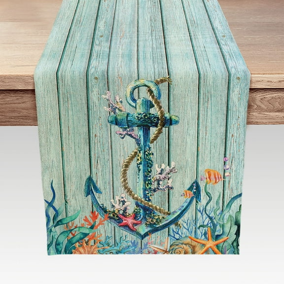 Summer Table Runners, Nautical Anchor Ocean Theme Linen Table Runner, Teal Nautical Stripe Vintage Wood Grain Decorative Runners for Holiday, Kitchen, Dining Room Decoration 13x72 inch