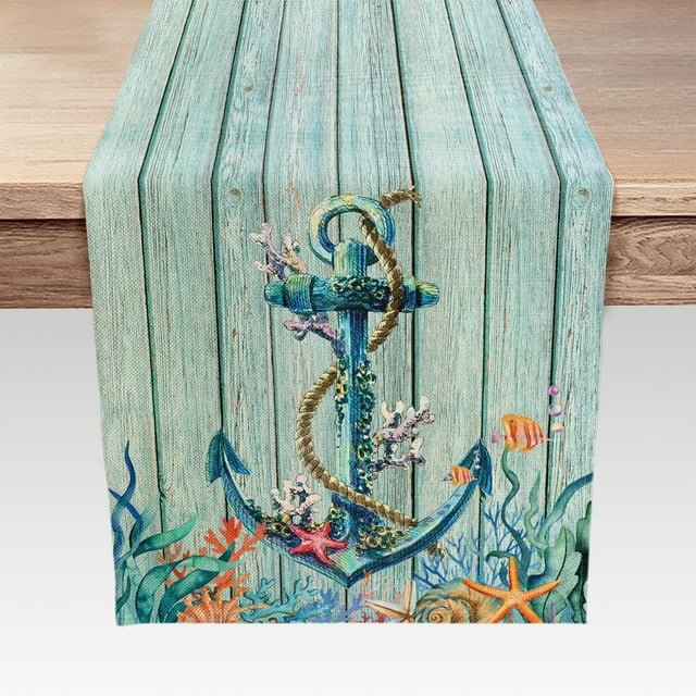 Summer Table Runners, Nautical Anchor Ocean Theme Linen Table Runner, Teal Nautical Stripe