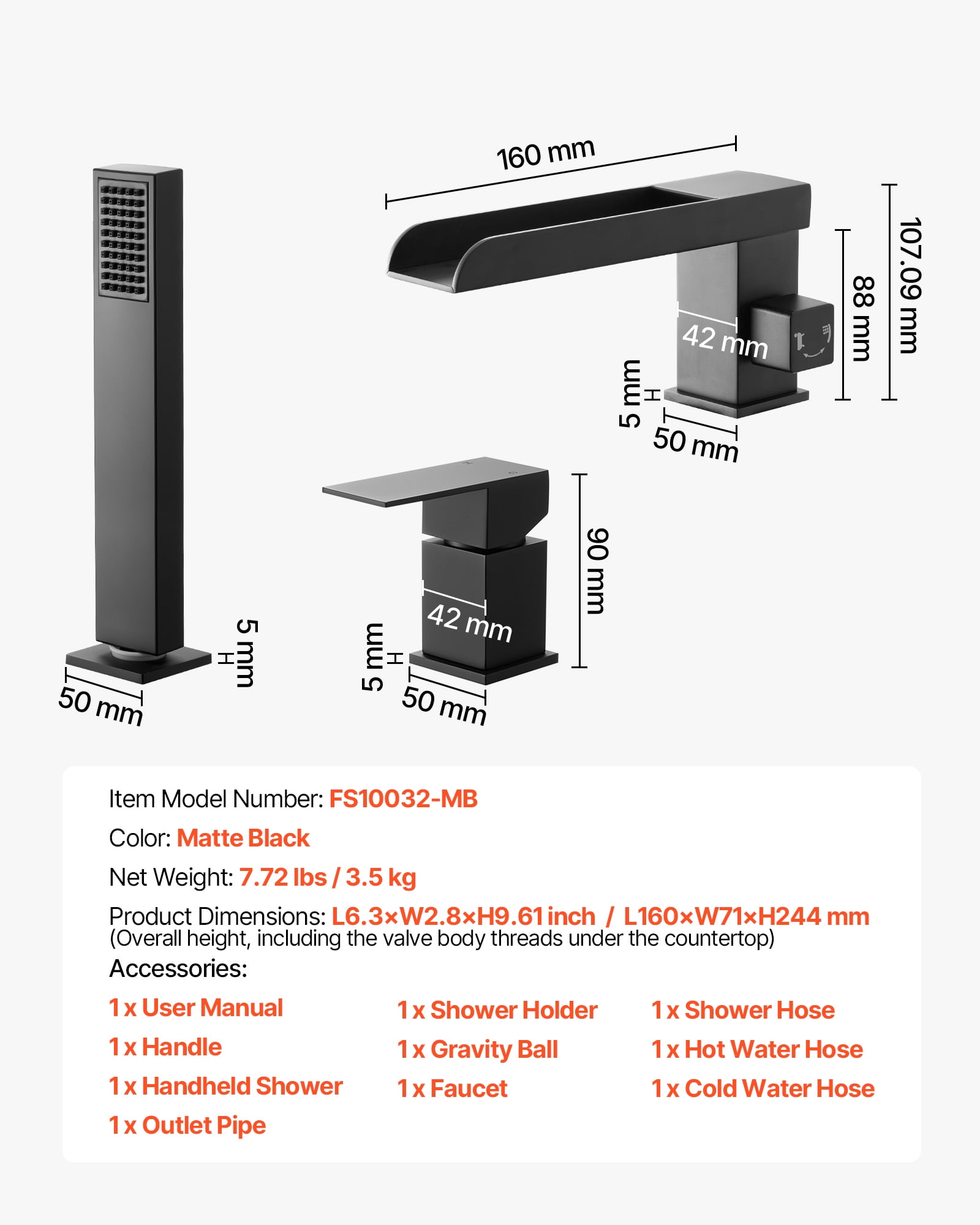 VEVOR Roman Tub Faucet, 3 Hole Waterfall Bathtub Faucet, Widespread Roman Tub Faucets with Shower Head & 1 Handle, Romans Bathtub Faucets for Pet Washing, Adult Bathing,Matte Black,Dual Water Flow