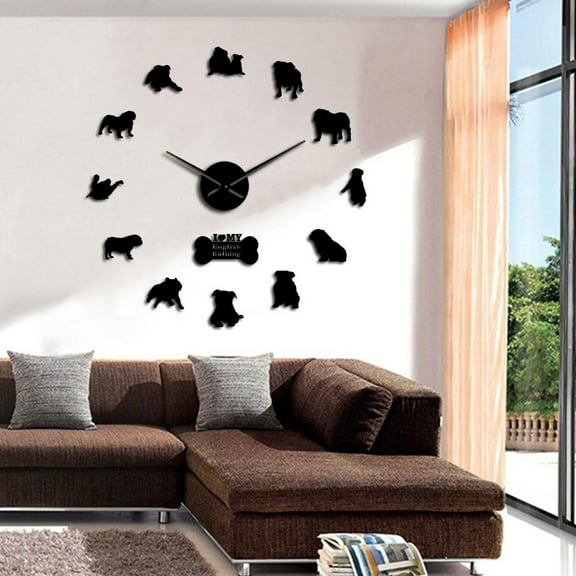 English Bulldog Home Decor Wall Clocks British Bulldog Silhouettes Wall Art DIY Large Wall Clock Timepieces Big Time Wall Clock(Black,27inch)