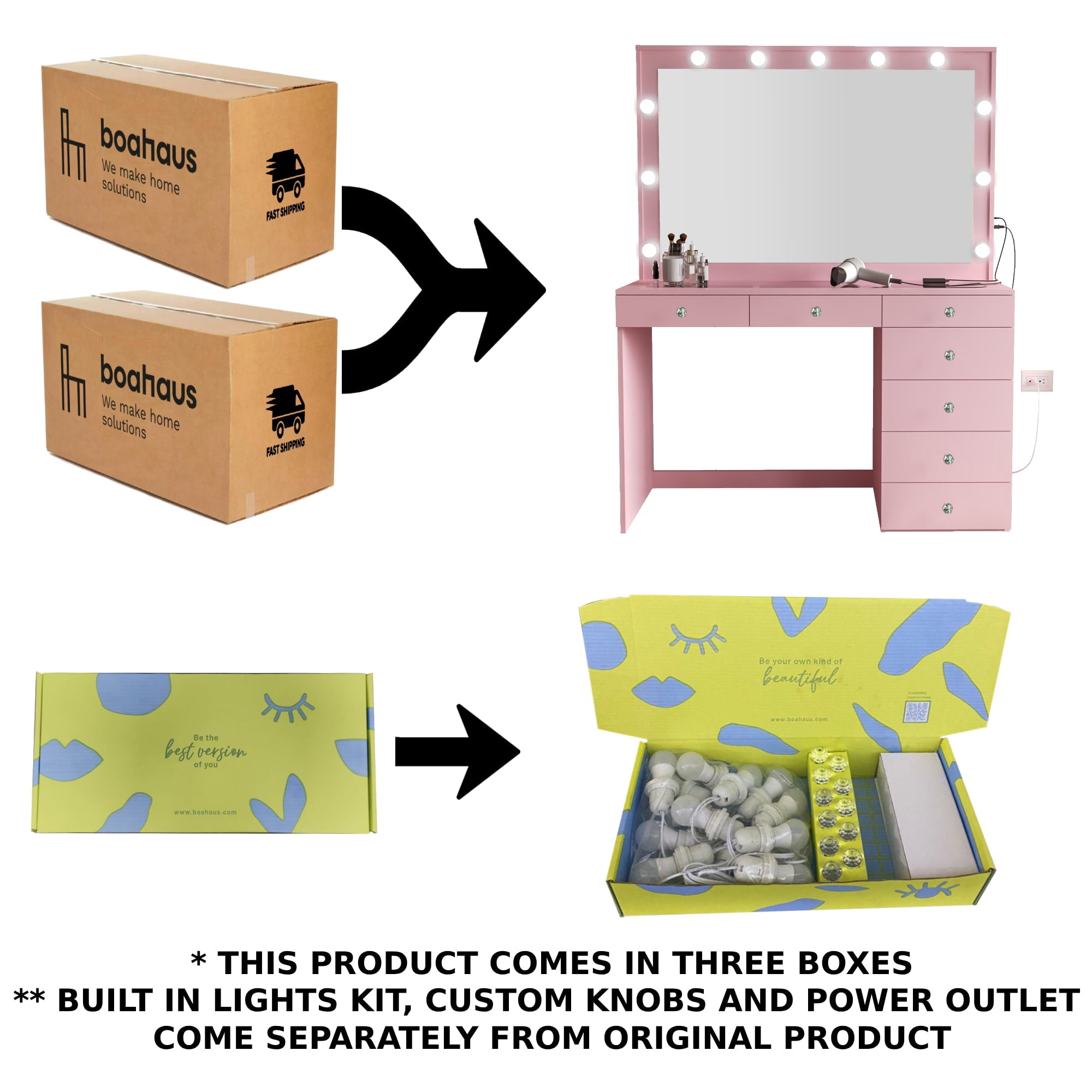 Ember Interiors Pink Makeup Vanity Desk with Lights, USB-C, Glass Top, 7 Drawers