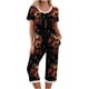 thumbnail image 1 of Qucoqpe - Conjuntos de pijama cómodos para mujer, con blusa de manga corta con cuello en V y pantalones anchos con estampado floral, estilo capri holgado, 1 of 5