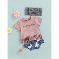 thumbnail image 3 of Bagilaanoe 3pcs Baby Girl Shorts Set Letter Short Sleeves Fringe T-Shirt Top + Bull Head Triangle Shorts + Hairband 0-24 Months Infant Summer Clothes, 3 of 9