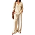 thumbnail image 3 of Lumtrix Linen Sets For Women 2 Piece Summer Long Sleeve V Neck Shirts Matching Wide Leg Lounge Pants with Pockets Beach Vacation Outfits Beige XL, 3 of 6