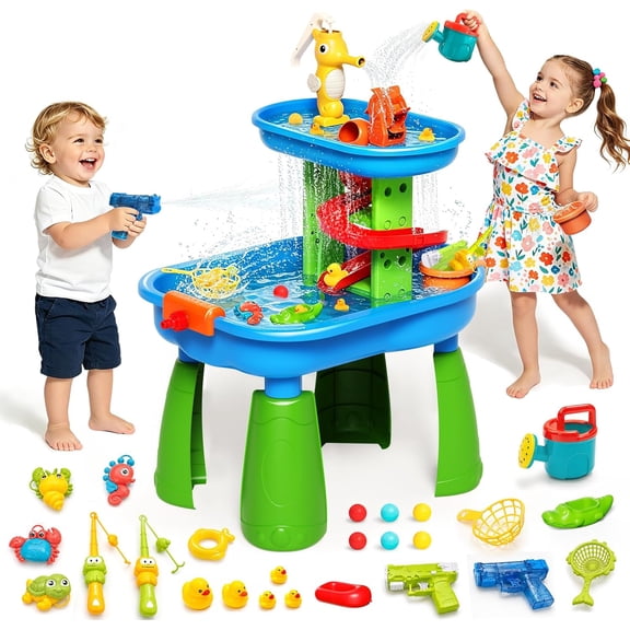 Aliex Sand & Water Table with Water Pump, 28 Piece Sensory Play Set with Fishing, Waterfall, Outdoor Summer Toy for Toddlers 3