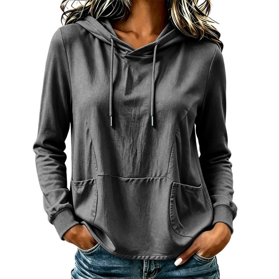 Admvng Womens Sweatshirt Casual Drawstring Long Sleeve Solid Hooded Pullover Top with Pockets