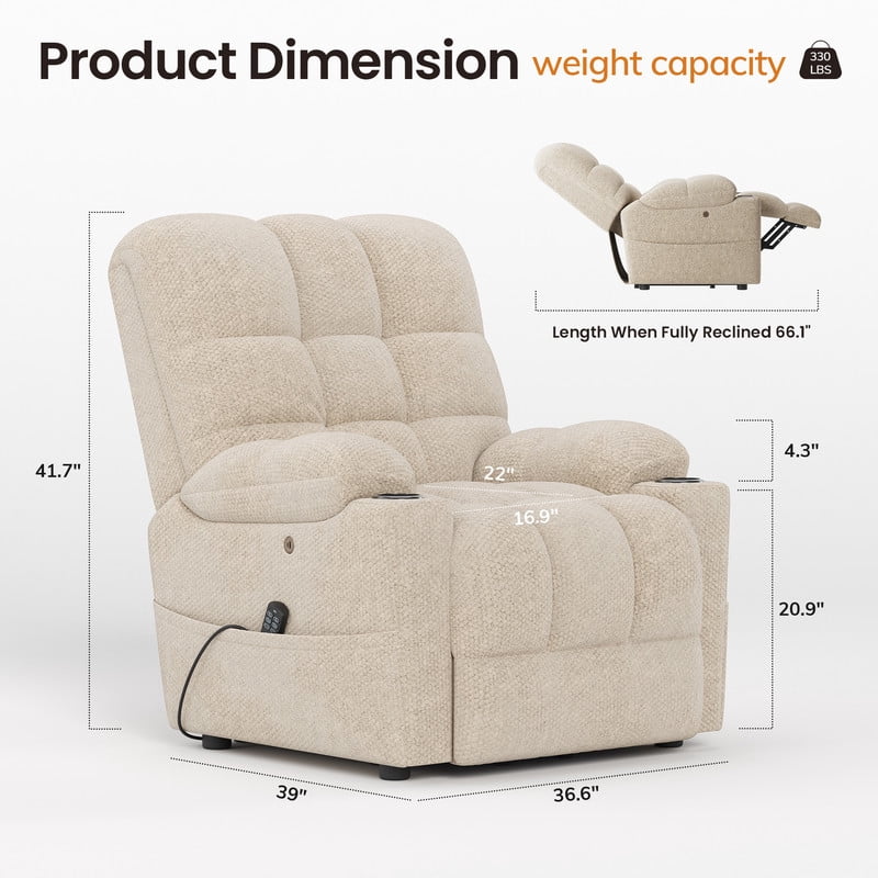 COLAMY Serene Dual Motors Power Lift Recliner Chair with Massage and Heat for Elderly People, Independent Adjustable Backrest Headrest, Extended Footrest，USB Charging Ports and Cup Holders, Beige