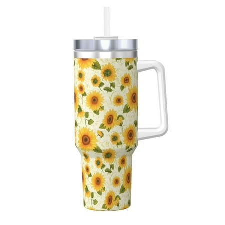 

Logiee European-style Pattern Sunflower Print 40OZ Ice Bully Cup with Handle and Straw Double Wall Stainless Steel Tumbler Travel Coffee Cup with Lid Summer Insulation and Cooling Cup