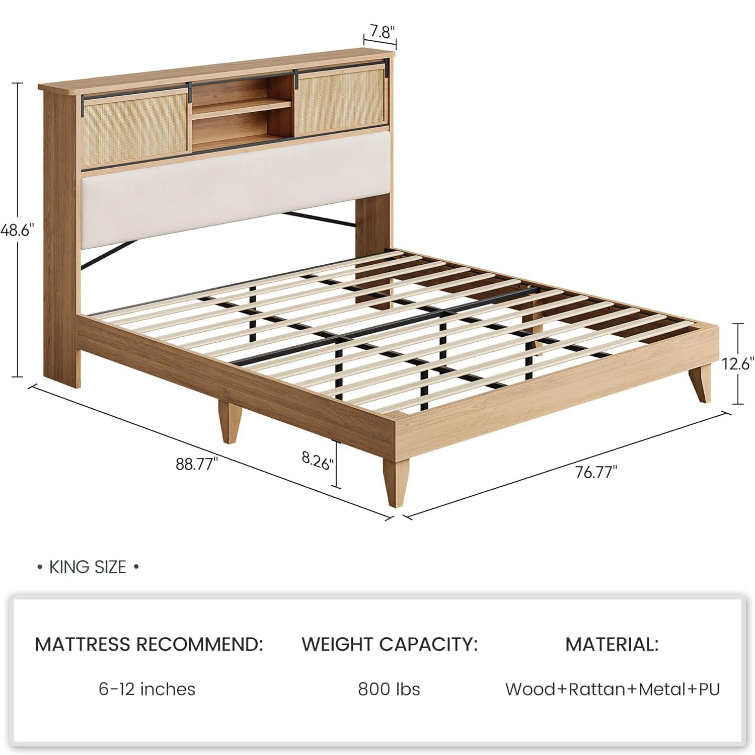 Shininglove King Size Rattan Bed Frame with Storage – Boho-Chic Bedroom Furniture with Sliding Door Shelf, Solid Wood Slats, & No Box Spring Needed – Easy Assembly Natural Oak