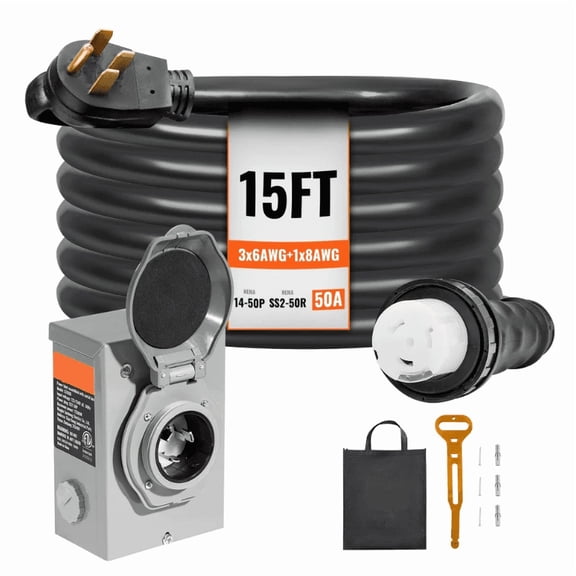 50 Amp Generator Cord & Inlet Box Kit 15FT Extension Cord NEMA 14-50P
