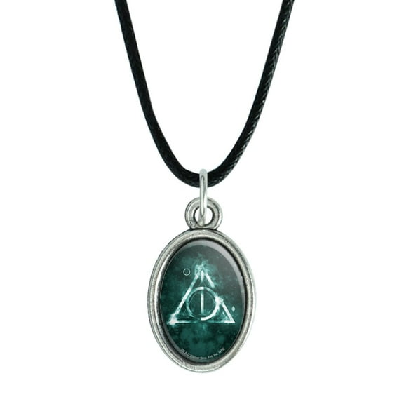 Harry Potter Deathly Hallows Logo Antiqued Oval Charm Pendant with Black Satin Cord