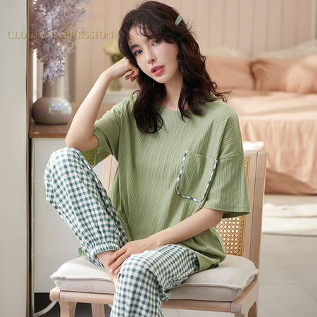 

QWZNDZGR Summer Knitted Cotton Elegant Pajamas Set Women Pyjamas Polka Dots Sleepwear Nightwear Pijama Mujer Plus Size Calf-Length Pants