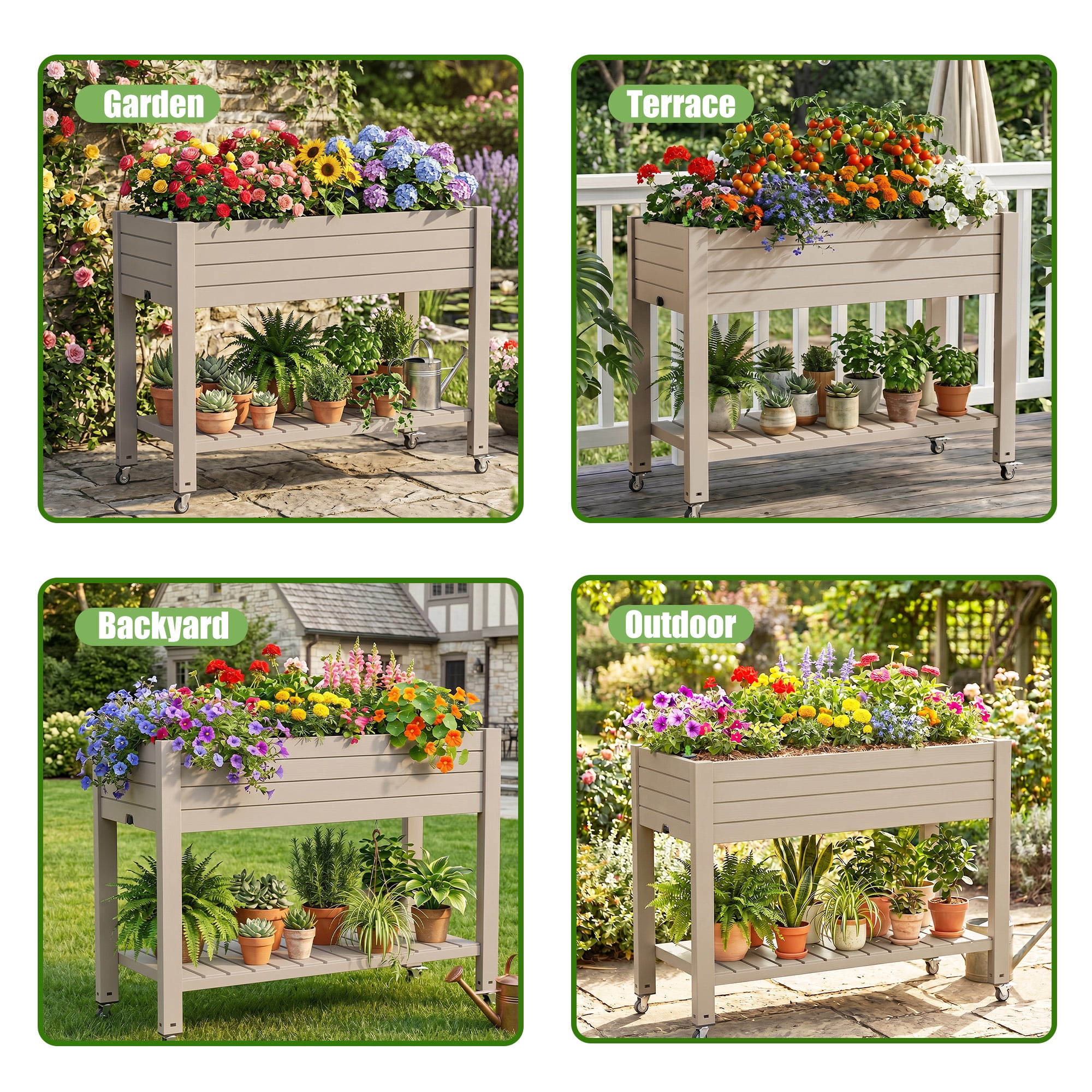 Joxxoaa Raised Garden Bed with Legs,Self-Watering Resin Planter Box with Lockable Wheels Drainage Plug and Gauge for Vegetables, Flowers, Storage Shelf for Tools and Accessories (Brown)