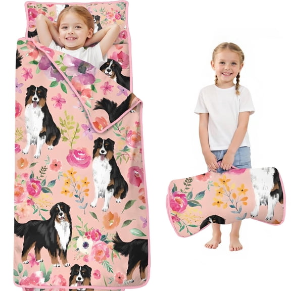 Bernese Mountain Dogs with Pioneer Flower Toddler Nap Mats for Kids Preschool,59"x22" Sleeping Mat Bag or Kids,Toddler Sleeping Bag,Toddler Nap Mat or Daycare