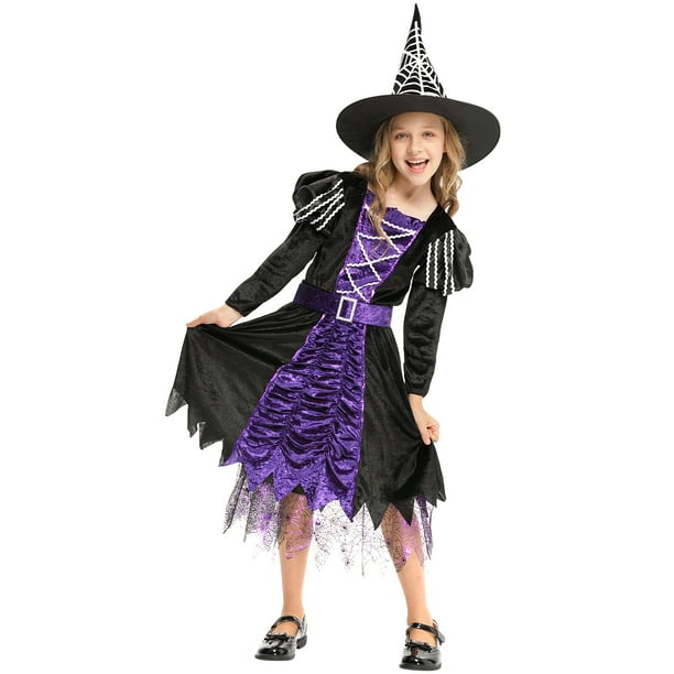 Disfraz de bruja para niñas, traje de fiesta de Halloween, conjunto de cosplay con sombrero, disfraz de cuento de hadas para niñas