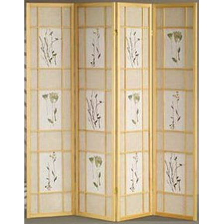 - Legacy Decor 4 Panel Floral Accented Screen Room Divider, Natural Wood Frame, Printed Shoji Paper