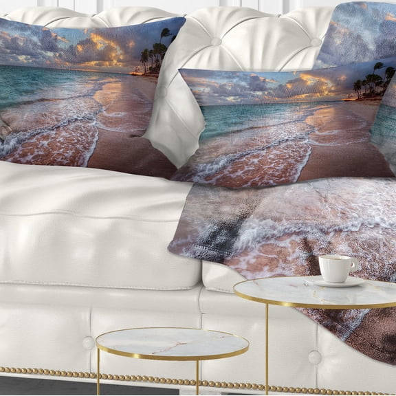 Designart Palm Trees on Clear Sandy Beach - Seashore Throw Pillow - 12x20